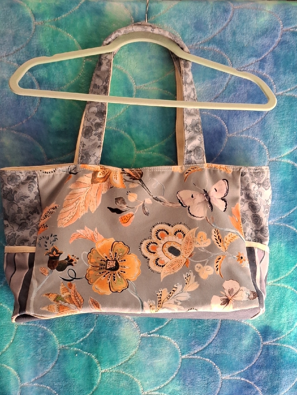 Floral Butterfly Tote Bag in Light Gray and Orange - Unbranded